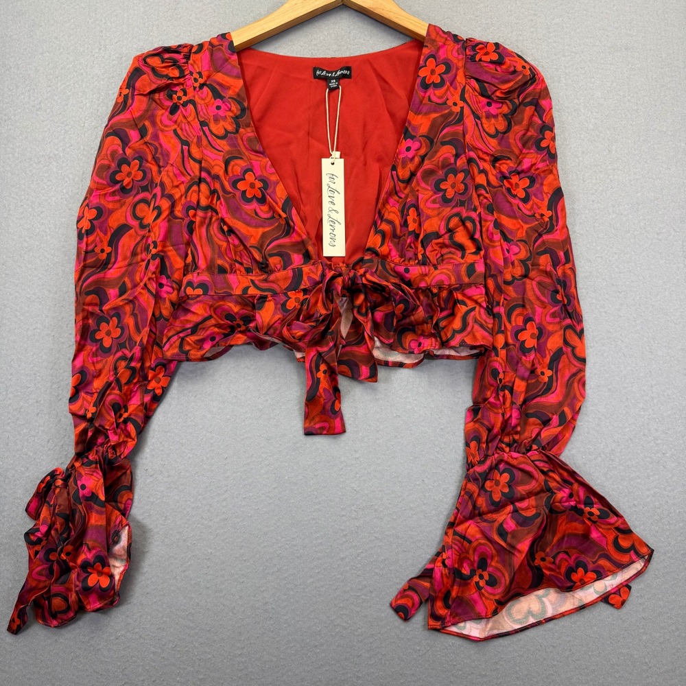 For Love & Lemons Retro Floral Crop Top Red Orange XS CT1911-HO22 NEW